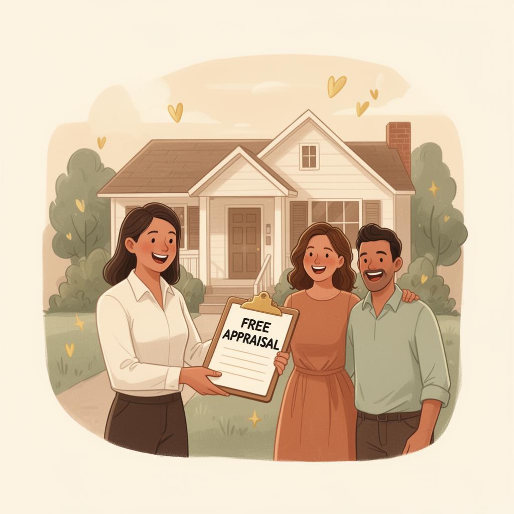 A friendly loan officer handing a clipboard marked Free Appraisal to a smiling homeowner couple