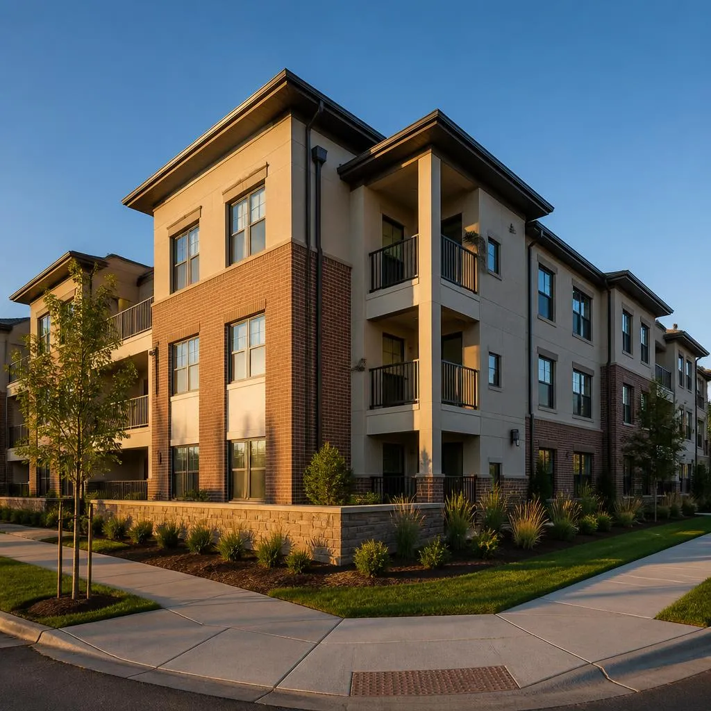 Three-story investment property with balconies at dusk, the kind of rental our local business loan store finances for purchase, refinance, and cash-out equity
