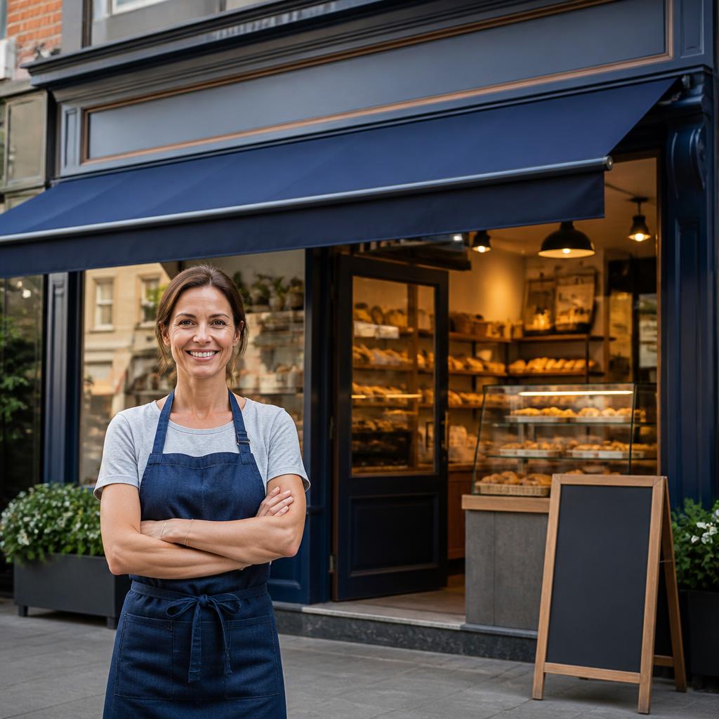 Main street bakery owner standing outside her storefront after securing fast local business loan funding